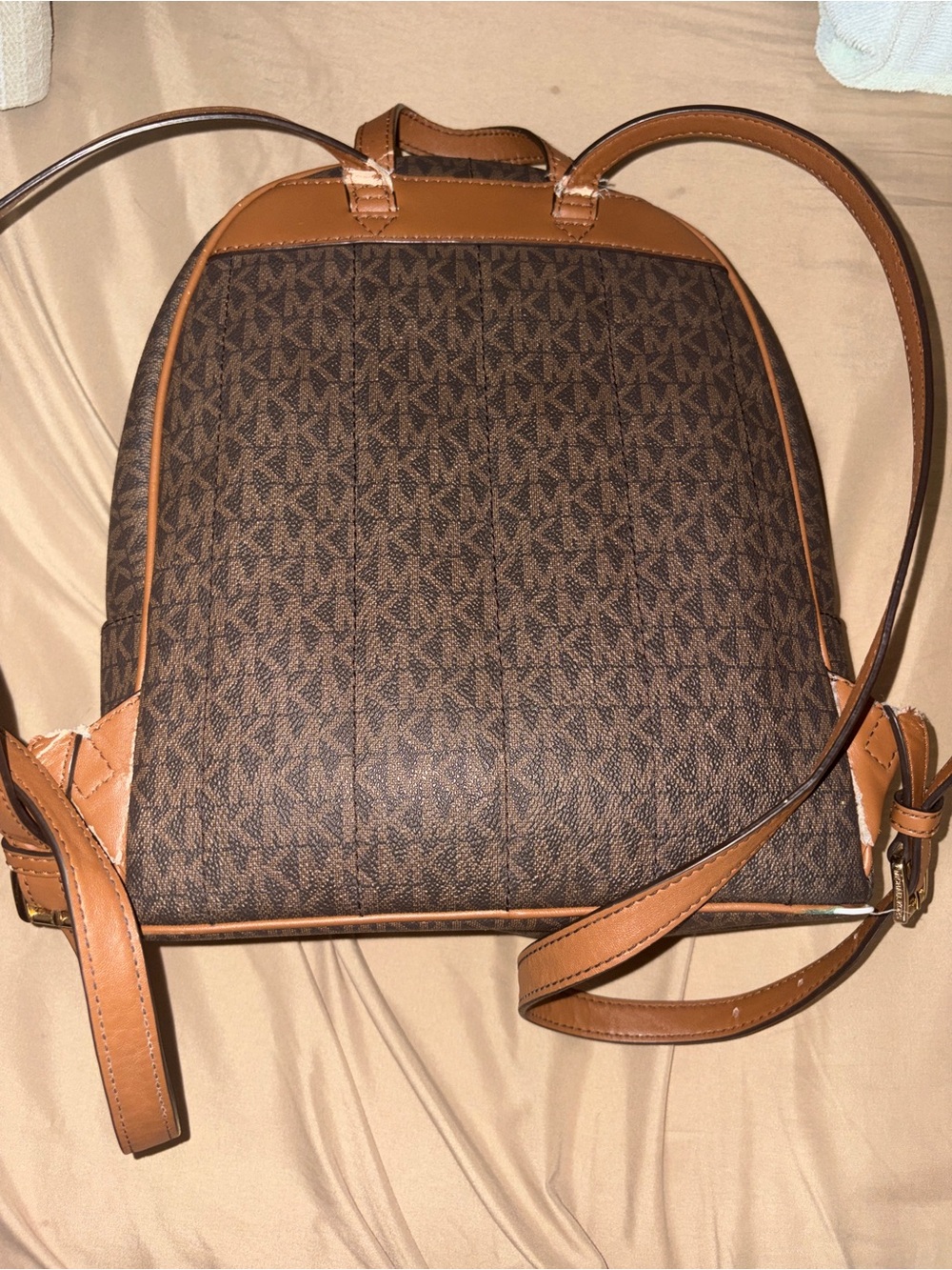 Michael Kors Brown Signature MK Logo Backpack with Tan Trim - Picture 2 of 12